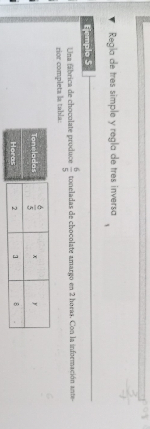 Regla de tres simple y regla de tres inversa
Ejemplo 5
Una fábrica de chocolate produce  6/5  toneladas de chocolate amargo en 2 horas. Con la información ante-
rior completa la tabla:
Toneladas
Horas