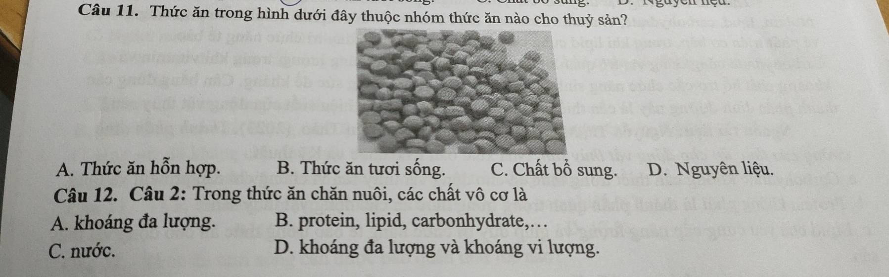 Thức ăn trong hình dưới đây thuộc nhóm thức ăn nào cho thuỷ sản?
A. Thức ăn hỗn hợp. B. Thức ăn tươi sống. C. Chất bổ sung. D. Nguyên liệu.
Câu 12. Câu 2: Trong thức ăn chăn nuôi, các chất vô cơ là
A. khoáng đa lượng. B. protein, lipid, carbonhydrate,…
C. nước. D. khoáng đa lượng và khoáng vi lượng.