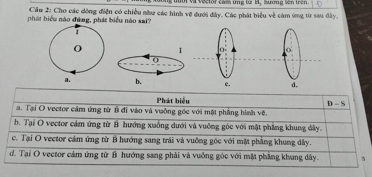 Ông tưới và Vector cam ưng từ B_2 hưởng lên trên.
Câu 2: Cho các dòng điện có chiều như các hình vẽ dưới đây. Các phát biểu về cảm ứng từ sau đây,
phát biểu nào đúng, phát biểu nào sai?
I
I
0
a.
b.
Phát biểu D - S
a. Tại O vector cảm ứng từ B đi vào và vuông góc với mặt phẳng hình vẽ.
b. Tại O vector cảm ứng từ vector B hướng xuống dưới và vuông góc với mặt phẳng khung dây.
c. Tại O vector cảm ứng từ B hướng sang trái và vuông góc với mặt phăng khung dây.
d. Tại O vector cảm ứng từ vector B hướng sang phải và vuông góc với mặt phẳng khung dây. n