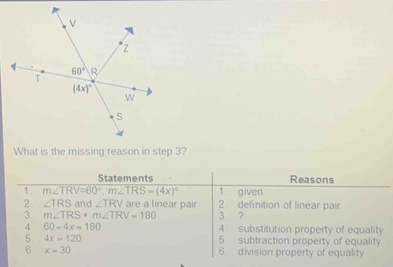 What is the missing reason in step 3?
Statements Reasons
1. m∠ TRV=60°;m∠ TRS=(4x)^circ  1. given
2. ∠ TRS and ∠ TRV are a linear pair 2. definition of linear pair
3. m∠ TRS+m∠ TRV=180 3. ?
4 . 60-4x=180 4. substitution property of equality
5. 4x=120 5. subtraction property of equality
6. x=30 6. division property of equality