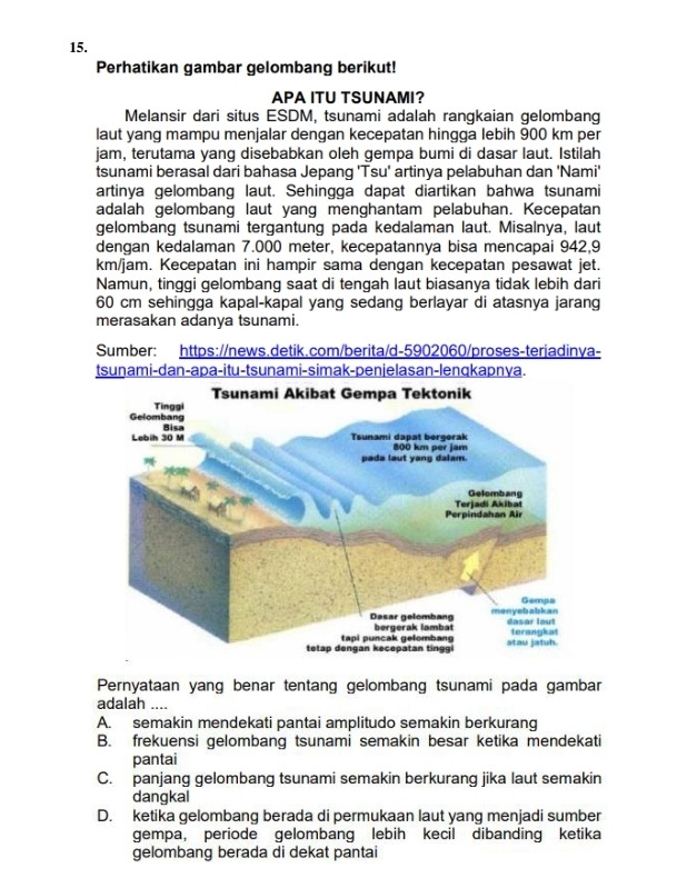 Perhatikan gambar gelombang berikut!
APA ITU TSUNAMI?
Melansir dari situs ESDM, tsunami adalah rangkaian gelombang
laut yang mampu menjalar dengan kecepatan hingga lebih 900 km per
jam, terutama yang disebabkan oleh gempa bumi di dasar laut. Istilah
tsunami berasal dari bahasa Jepang 'Tsu' artinya pelabuhan dan 'Nami'
artinya gelombang laut. Sehingga dapat diartikan bahwa tsunami
adalah gelombang laut yang menghantam pelabuhan. Kecepatan
gelombang tsunami tergantung pada kedalaman laut. Misalnya, laut
dengan kedalaman 7.000 meter, kecepatannya bisa mencapai 942,9
km/jam. Kecepatan ini hampir sama dengan kecepatan pesawat jet.
Namun, tinggi gelombang saat di tengah laut biasanya tidak lebih dari
60 cm sehingga kapal-kapal yang sedang berlayar di atasnya jarang
merasakan adanya tsunami.
Sumber: https://news.detik.com/berita/d-5902060/proses-terjadinya-
tsuṇami-dan-apa-itu-tsunami-simak-penjelasan-lenqkapnya.
Pernyataan yang benar tentang gelombang tsunami pada gambar
adalah ....
A. semakin mendekati pantai amplitudo semakin berkurang
B. frekuensi gelombang tsunami semakin besar ketika mendekati
pantai
C. panjang gelombang tsunami semakin berkurang jika laut semakin
dangkal
D. ketika gelombang berada di permukaan laut yang menjadi sumber
gempa, periode gelombang lebih kecil dibanding ketika
gelombang berada di dekat pantai