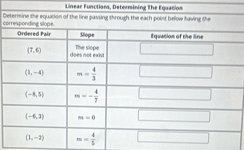 Linear Functions, Determining The Equation
Determine the equation of the line passing through the each point below having the
correspon