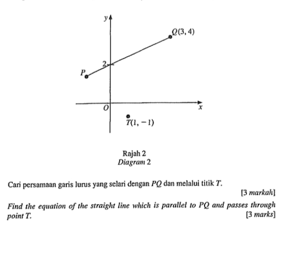 Rajah 2
Diagram 2
Cari persamaan garis lurus yang selari dengan PQ dan melalui titik T.
[3 markah]
Find the equation of the straight line which is parallel to PQ and passes through
point T. [3 marks]