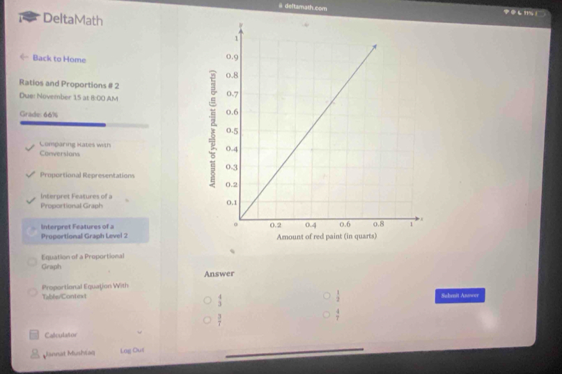 # deltamath.com
し 11% ！
DeltaMath
Back to Home 
Ratios and Proportions # 2
Due: November 15 at R· OY AM 
Grade: 66%
Comparing Kates with 
Conversions
Proportional Representations
Interpret Features of a
Proportional Graph 
Interpret Features of a 
Proportional Graph Level 2
Equation of a Proportional
Graph
Answer
Proportional Equation With
Table/Context Submit Answer
 4/3 
 1/2 
 3/7 
 4/7 
Calculator
Jannat Mushtaq Log Out