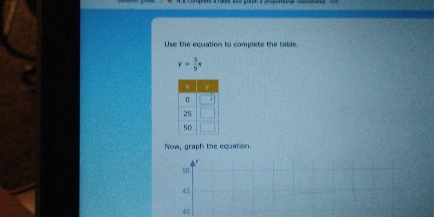 Complote a table and graph a proportional reletionship soe 
Use the equation to complete the table.
y= 3/5 x
Now, graph the equation.
y
50
45
40