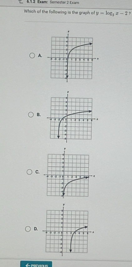 Exam: Semester 2 Exam 
Which of the following is the graph of y=log _3x-2 ? 
A. 
B. 
C. 
D. 
PREVIOUS