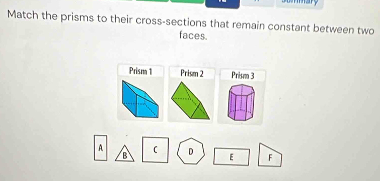 summary 
Match the prisms to their cross-sections that remain constant between two 
faces. 
Prism 1 Prism 2 Prism 3
A 
B 
D E F