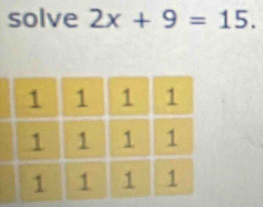 solve 2x+9=15.