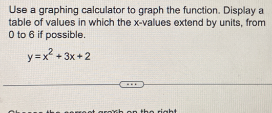 Use a graphing calculator to graph the function. Display a 
table of values in which the x -values extend by units, from
0 to 6 if possible.
y=x^2+3x+2