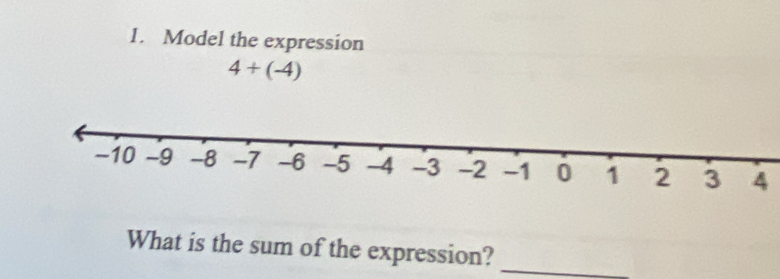 Model the expression
4+(-4)
4
What is the sum of the expression?_