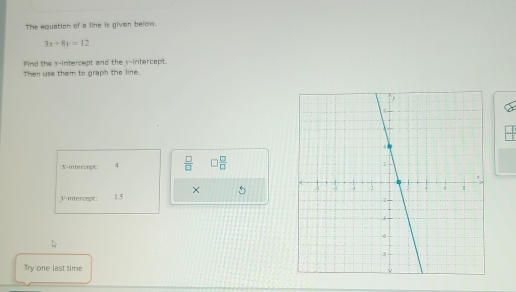 The equation of a line is given below.
3x+8y=12
Find the x-intercept and the s -intercept. 
Then use them to graph the line. 
N-intercapt: 4  □ /□   □  □ /□   
× 5 
①-intercept: 1.5
Try one last time