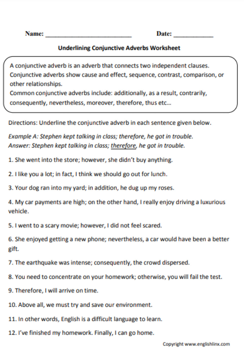 Solved: Name:_ Date:_ Underlining Conjunctive Adverbs Worksheet A ...