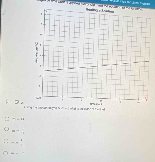 Rcal Relationships and Linear Systems
g of time heat is applied (seconds). Find the equation of the function.
2.
Using the two points you selected, what is the slope of the line?
m=14
m= 1/14 
m= 1/7 
m=-7