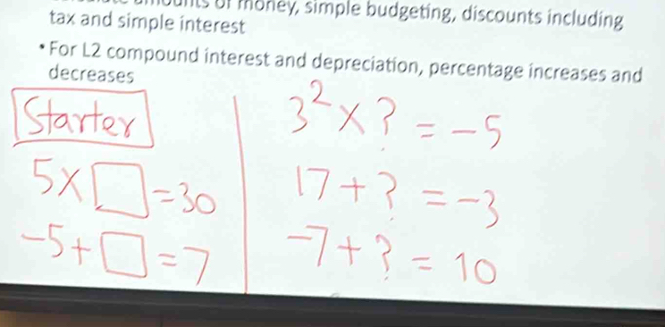 unts of money, simple budgeting, discounts including 
tax and simple interest 
For L2 compound interest and depreciation, percentage increases and 
decreases