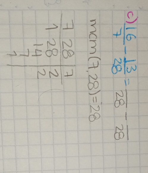  16/7 - 13/28 =frac 28-frac 28
mcm(7,28)=28
beginarrayr 728 1.28 14 14 7endarray beginarrayr 7 2 endarray