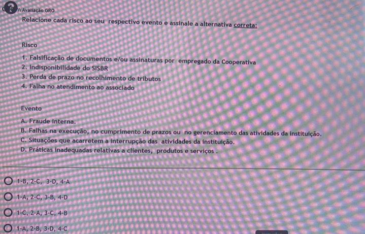 Avaliação GRO
Relacione cada risco ao seu respectivo evento e assinale a alternativa correta:
Risco
1. Falsificação de documentos e/ou assinaturas por empregado da Cooperativa
2. Indisponibilidade do SISBR
3. Perda de prazo no recolhimento de tributos
4. Falha no atendimento ao associado
Evento
A. Fraude interna.
B. Falhas na execução, no cumprimento de prazos ou no gerenciamento das atividades da instituição.
C. Situações que acarretem a interrupção das atividades da instituição.
D. Práticas inadequadas relativas a clientes, produtos e serviços .
1 -B, 2-C, 3-D, 4-A
1 -A, 2-C, 3-B, 4 -D
1 -C, 2 -A, 3-C, 4-B
1 -A, 2-B, 3 -D, 4-C