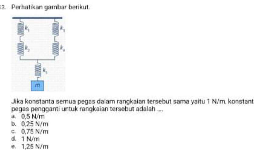 Perhatikan gambar berikut.
Jika konstanta semua pegas dalam rangkaian tersebut sama yaitu 1 N/m, konstant
pegas pengganti untuk rangkaian tersebut adalah ....
a 0,5 N/m
b. 0,25 N/m
c. 0,75 N/m
d. 1 N/m
e 1,25 N/m