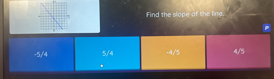 y
Find the slope of the line.
-5/4 5/4 -4/5 4/5