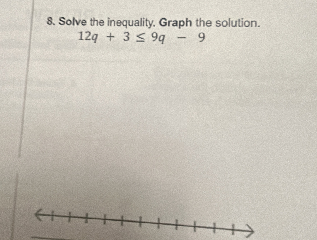 Solve the inequality, Graph the solution.
12q+3≤ 9q-9