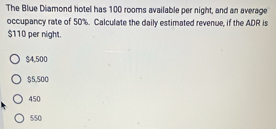 The Blue Diamond hotel has 100 rooms available per night, and an average
occupancy rate of 50%. Calculate the daily estimated revenue, if the ADR is
$110 per night.
$4,500
$5,500
450
550