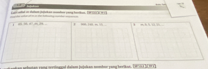 1.2 Jujukan 
Buko Tski 
Cari nilai m dalam jujukan nombor yang berikut. [sP122 ][ 
Find the value of m in the following number sequences. TP 3 
ankan schutan vang tertinggal dalam jujukan nombor yang berikut. SP122 TP3