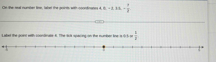 On the real number line, label the points with coordinates 4, 0, -2, 3.5, - 7/2 . 
Label the point with coordinate 4. The tick spacing on the number line is 0.5 or  1/2 .