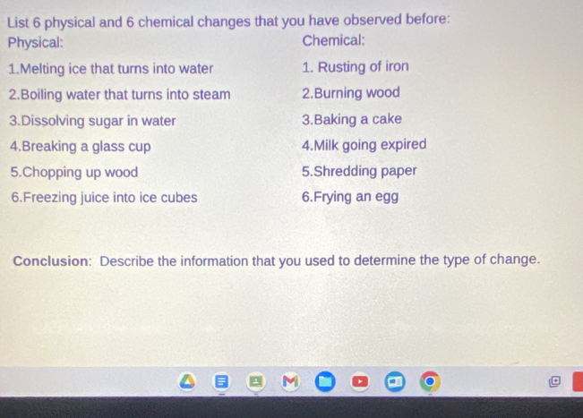 List 6 physical and 6 chemical changes that you have observed before: 
Physical: Chemical: 
1.Melting ice that turns into water 1. Rusting of iron 
2.Boiling water that turns into steam 2.Burning wood 
3.Dissolving sugar in water 3.Baking a cake 
4.Breaking a glass cup 4.Milk going expired 
5.Chopping up wood 5.Shredding paper 
6.Freezing juice into ice cubes 6.Frying an egg 
Conclusion: Describe the information that you used to determine the type of change.