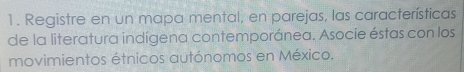 Registre en un mapa mental, en parejas, las características 
de la literatura indígena contemporánea. Asocie éstas con los 
movimientos étnicos autónomos en México.