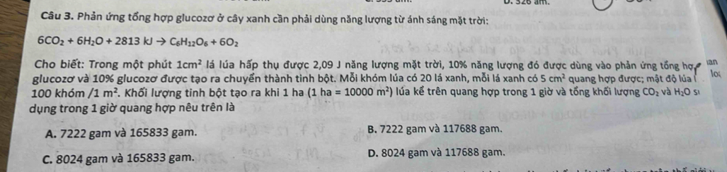 Phản ứng tổng hợp glucozơ ở cây xanh cần phải dùng năng lượng từ ánh sáng mặt trời:
6CO_2+6H_2O+2813kJto C_6H_12O_6+6O_2
Cho biết: Trong một phút 1cm^2 lá lúa hấp thụ được 2,09 J năng lượng mặt trời, 10% năng lượng đó được dùng vào phản ứng tổng hợ,
glucozơ và 10% glucozơ được tạo ra chuyển thành tinh bột. Mỗi khóm lúa có 20 lá xanh, mỗi lá xanh có 5cm^2 quang hợp được; mật độ lủa l ian
10
100 khóm /1m^2. Khối lượng tinh bột tạo ra khi 1 ha (1ha=10000m^2) lúa kể trên quang hợp trong 1 giờ và tổng khối lượng CO_2 và H_2O S1
dụng trong 1 giờ quang hợp nêu trên là
A. 7222 gam và 165833 gam. B. 7222 gam và 117688 gam.
C. 8024 gam và 165833 gam. D. 8024 gam và 117688 gam.