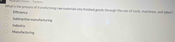 What is the process of transforming raw materials into finished goods through the use of tools, machines, and labor?
Efficiency
Subtractive manufacturing
Industry
Manufacturing