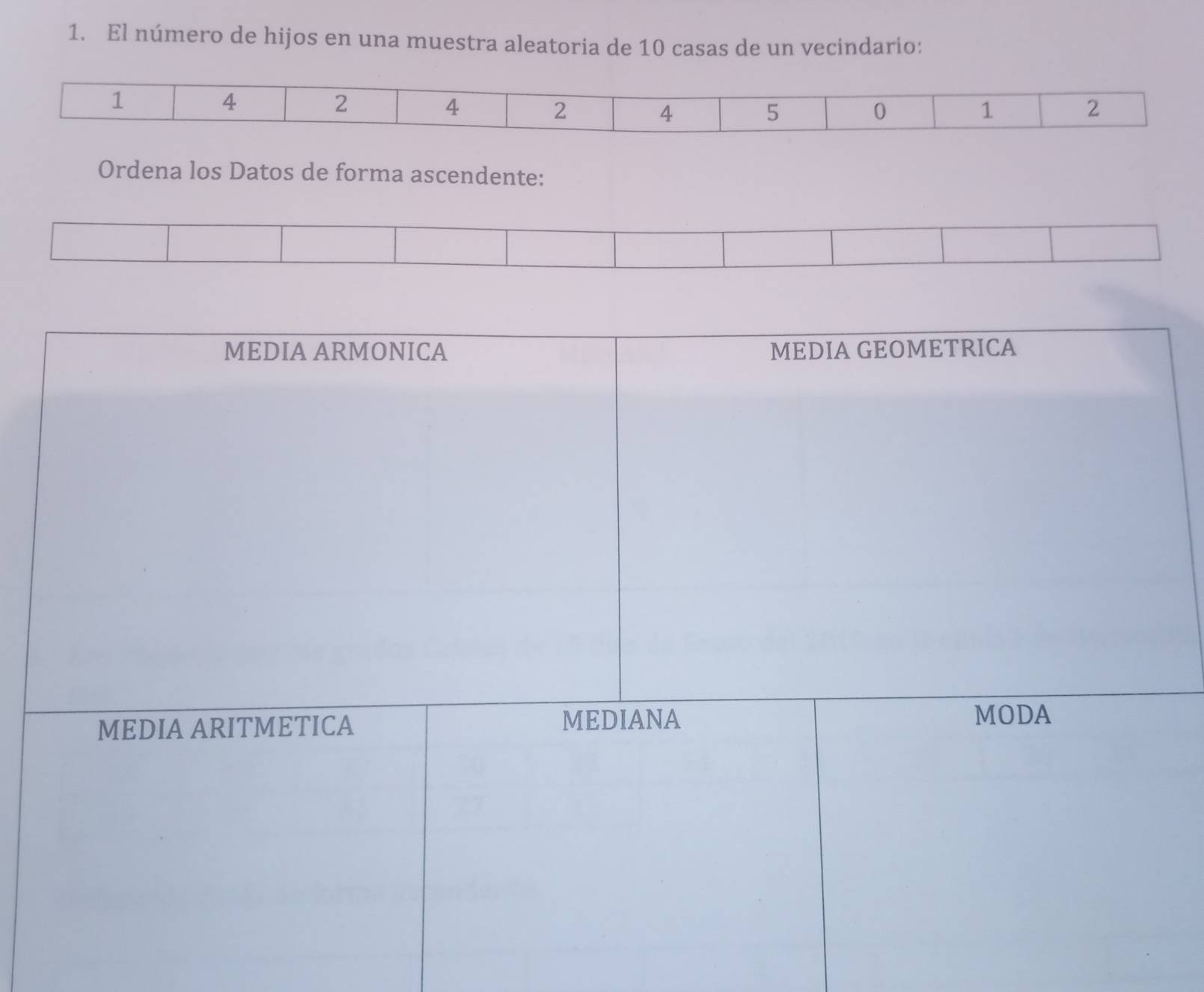 El número de hijos en una muestra aleatoria de 10 casas de un vecindario: 
Ordena los Datos de forma ascendente: