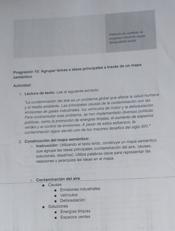 Relación de conflicto: el
desigualdad social progreso industrial causa
Progresión 10: Agrupar temas e ideas principales a través de un mapa
semántico
Actividad:
1. Lectura de texto: Lee el siguiente extracto:
''La contaminación del aire es un problema global que afecta la salud humana
y el medio ambiente. Las principales causas de la contaminación son las
emisiones de gases industriales, los vehículos de motor y la deforestación.
Para contrarrestar este problema, se han implementado diversas políticas
públicas, como la promoción de energías limpias, el aumento de espacios
verdes y el control de emisiones. A pesar de estos esfuerzos, la
contaminación sigue siendo uno de los mayores desafios del siglo XXI."
2. Construcción del mapa semántico:
Instrucción: Utilizando el texto leído, construye un mapa semántico
que agrupe las ideas principales (contaminación del aire, causas,
soluciones, desafíos). Utiliza palabras clave para representar las
relaciones y jerarquiza las ideas en el mapa.
Contaminación del aire
Causas
Emisiones industriales
Vehículos
Deforestación
Soluciones
Energías limpias
Espacios verdes