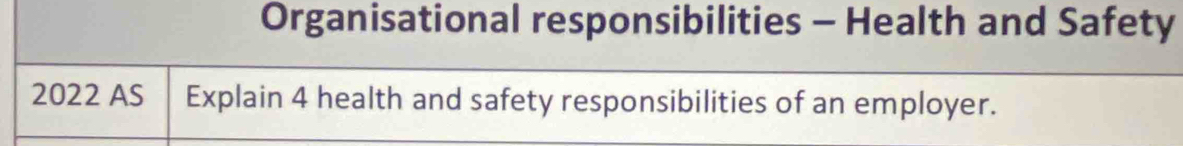 Organisational responsibilities - Health and Safety 
2022 AS Explain 4 health and safety responsibilities of an employer.