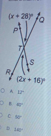 12°
B. 40°
C. 50°
D. 140°