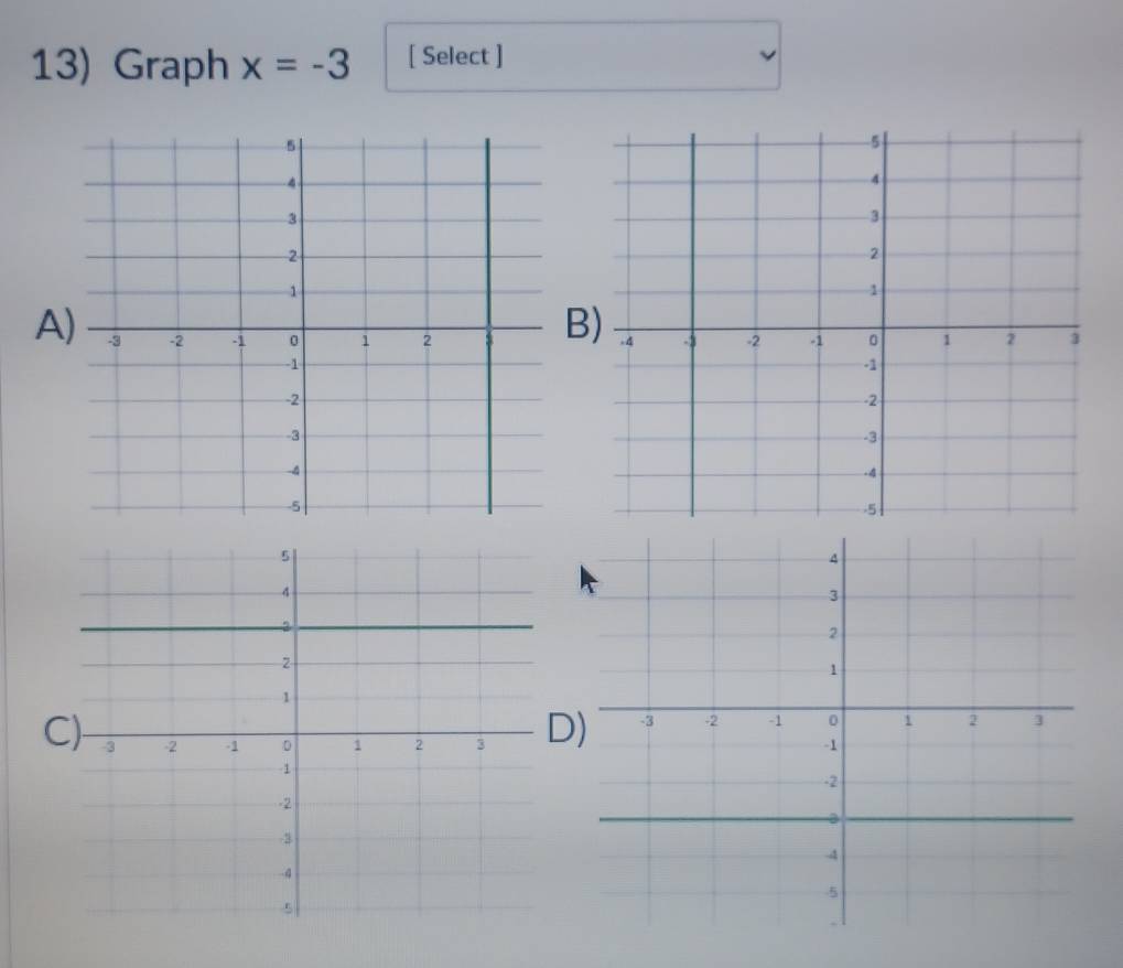 Graph x=-3 [ Select ] 
B 
A 
C)