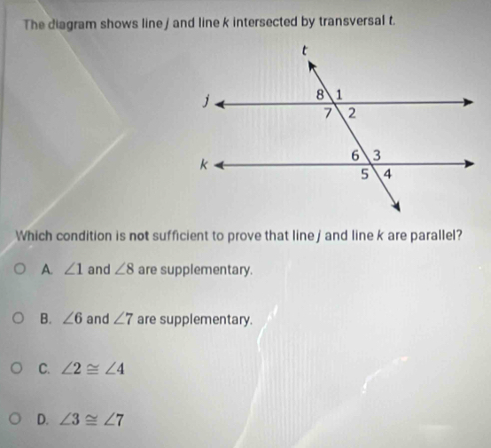 The diagram shows line / and line k intersected by transversal t.
Which condition is not sufficient to prove that line j and line k are parallel?
A. ∠ 1 and ∠ 8 are supplementary.
B. ∠ 6 and ∠ 7 are supplementary.
C. ∠ 2≌ ∠ 4
D. ∠ 3≌ ∠ 7