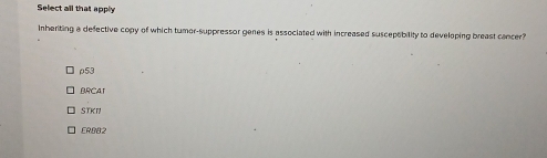 Select all that apply
Inheriting a defective copy of which tumor-suppressor genes is associated with increased suscepobility to developing breast cancer?
ρ53
BRCAT
STKI
CRB82