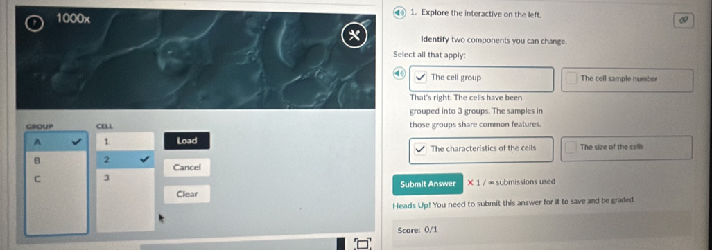 1000x
1. Explore the interactive on the left.
Identify two components you can change.
Select all that apply:
The cell group The cell sample number
That's right. The cells have been
grouped into 3 groups. The samples in
GROUP cni those groups share common features.
A 1 Load
The characteristics of the cells The size of the cells
B 2
Cancel
C 3
Submit Answer * 1/∈fty submissions used
Clear
Heads Up! You need to submit this answer for it to save and be graded.
Score: 0/1