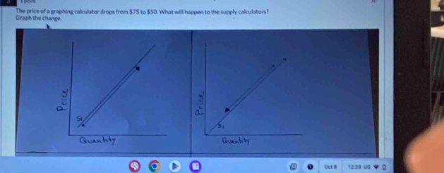 Graph the change. The price of a graphing calculator drops from $75 to $50. What will happen to the supply calculators? 
Oct 8 12:28 US