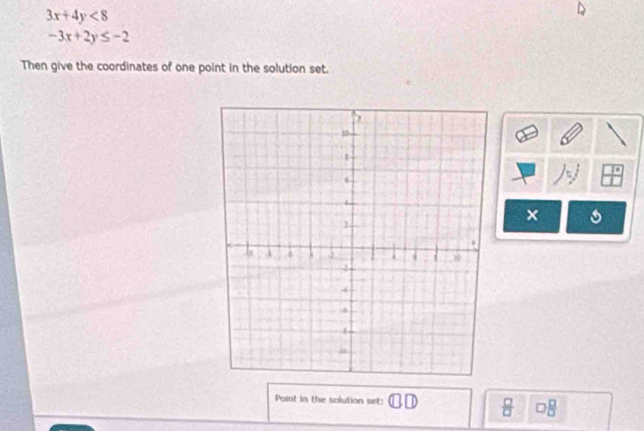 3x+4y<8</tex>
-3x+2y≤ -2
Then give the coordinates of one point in the solution set. 
× s 
Point in the solution set: L
 □ /□   □  □ /□  