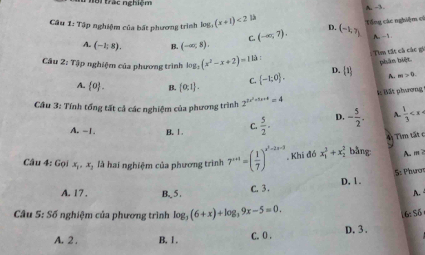 hôi trác nghiệm
A. -3.
Câu 1: Tập nghiệm của bất phương trình log _3(x+1)<2</tex> là
C. (-∈fty ;7). D. (-1,7) Tổng các nghiệm cổ
A. -1.
A. (-1;8). B. (-∈fty ;8). 
: Tìm tất cả các gi
Câu 2: Tập nghiệm của phương trình log _2(x^2-x+2)=11a :
phân biệt.
D.
A.  0. B.  0;1. C.  -1;0.  1 A. m>0. 
4: Bất phương
Câu 3: Tính tổng tất cả các nghiệm của phương trình 2^(2x^2)+5x+4=4
A. -1. B. ! . C.  5/2 . D. - 5/2 . A.  1/3 
4 Tim tất c
Câu 4: Gọi x_1, x_2 là hai nghiệm của phương trình 7^(x+1)=( 1/7 )^x^2-2x-3. Khi đó x_1^(2+x_2^2 bằng: A. m?
C. 3. D. 1 . 5: Phươi
A. 17. B._ 5 . A. 
Câu 5: Số nghiệm của phương trình log _3)(6+x)+log _39x-5=0. 
6: Số
A. 2. B. 1. C. 0. D. 3.