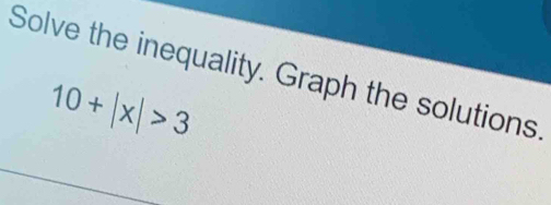 Solve the inequality. Graph the solutions.
10+|x|>3