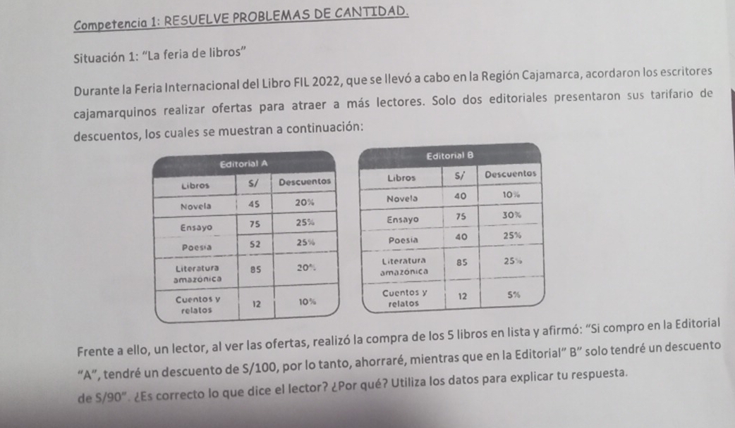 Competencia 1: RESUELVE PROBLEMAS DE CANTIDAD.
Situación 1: “La feria de libros”
Durante la Feria Internacional del Libro FIL 2022, que se llevó a cabo en la Región Cajamarca, acordaron los escritores
cajamarquinos realizar ofertas para atraer a más lectores. Solo dos editoriales presentaron sus tarifario de
descuentos, los cuales se muestran a continuación:
Frente a ello, un lector, al ver las ofertas, realizó la compra de los 5 libros en lista y afirmó: “Si compro en la Editorial
“A”, tendré un descuento de S/100, por lo tanto, ahorraré, mientras que en la Editorial” B” solo tendré un descuento
de S/90''. ¿Es correcto lo que dice el lector? ¿Por qué? Utiliza los datos para explicar tu respuesta.