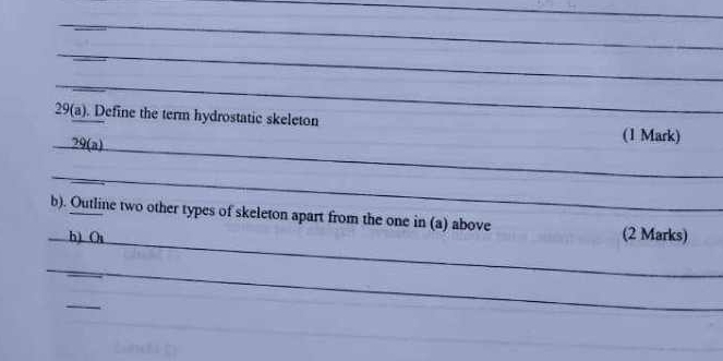 29(a). Define the term hydrostatic skeleton (1 Mark) 
29(a)_ 
_ 
b). Outline two other types of skeleton apart from the one in (a) above (2 Marks) 
h) O_ 
_ 
_ 
Lund i g