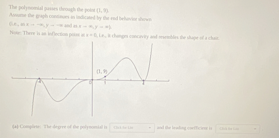 The polynomial passes through the point (1,9).
Assume the graph continues as indicated by the end behavior shown
(i.e,,asxto -∈fty ,yto -∈fty and as xto ∈fty ,yto ∈fty ),
Note: There is an inflection point at x=0 , i.e., it changes concavity and resembles the shape of a chair.
(a) Complete: The degree of the polynomial is Click for List and the leading coefficient is Click for List