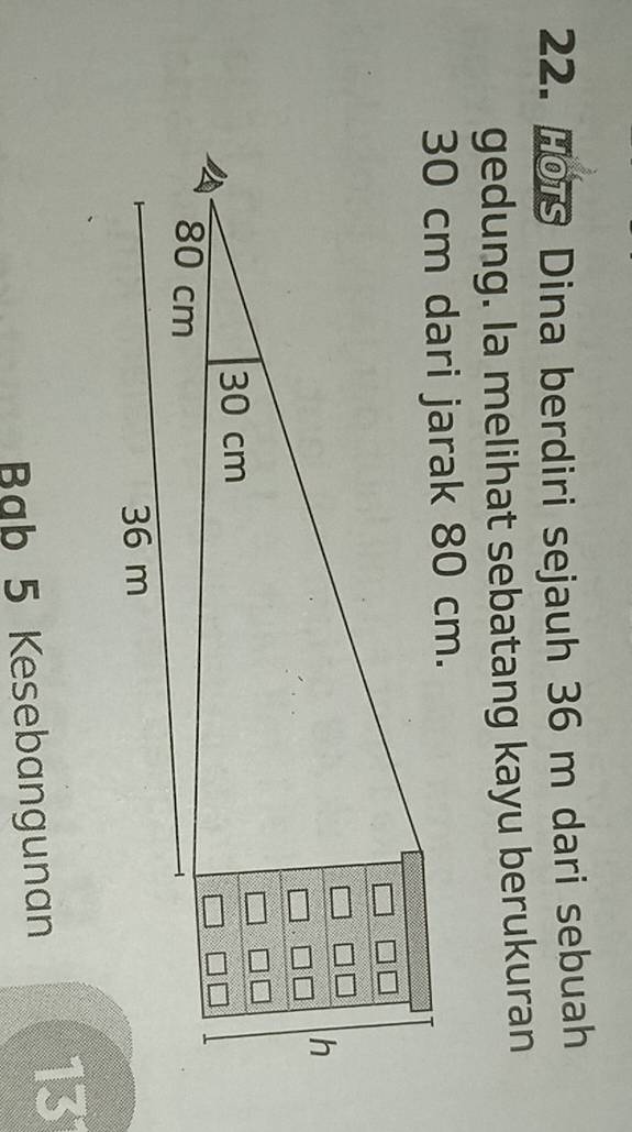 Dina berdiri sejauh 36 m dari sebuah 
gedung. la melihat sebatang kayu berukuran 
Bb 5 Kesebangunan 13