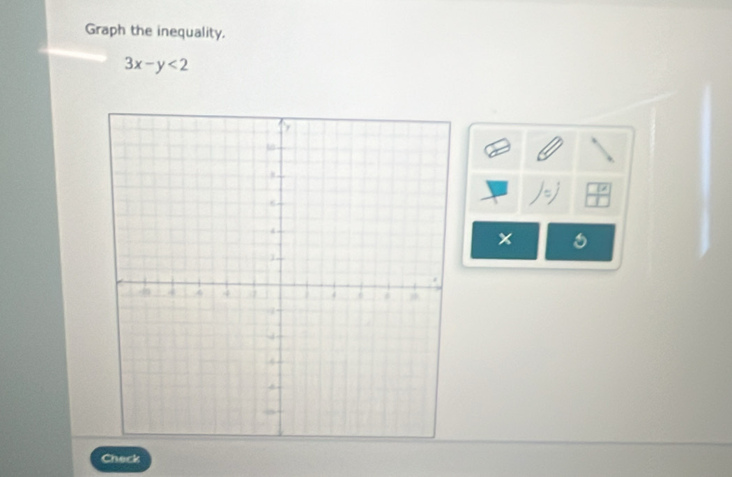 Graph the inequality.
3x-y<2</tex>
x a 
Check