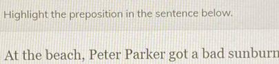 Highlight the preposition in the sentence below. 
At the beach, Peter Parker got a bad sunburr