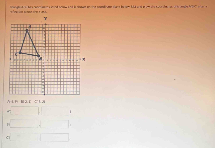 Triangle ABS has coordinates listed below and is shown on the coordinate plane below. List and plow the coordinates of triangle A'B'C' after a
reflection across the x-axis.
A(-6,9) B(-2,1)C(-8,2)
A (□ ,□ )
B (□ ,□ )
C (□ ,□ )