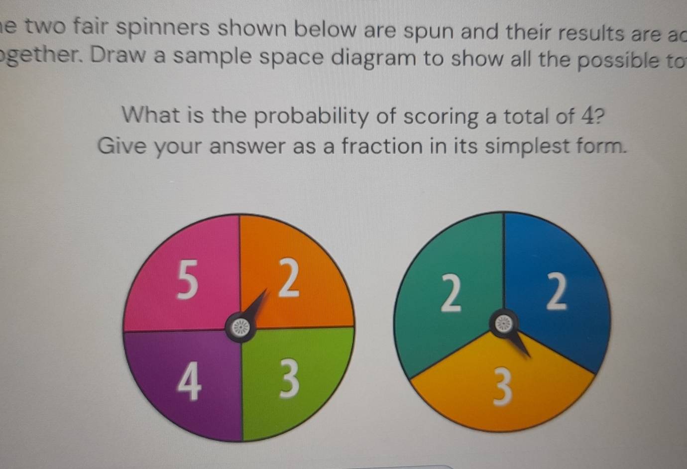 he two fair spinners shown below are spun and their results are ad 
ogether. Draw a sample space diagram to show all the possible to 
What is the probability of scoring a total of 4? 
Give your answer as a fraction in its simplest form.